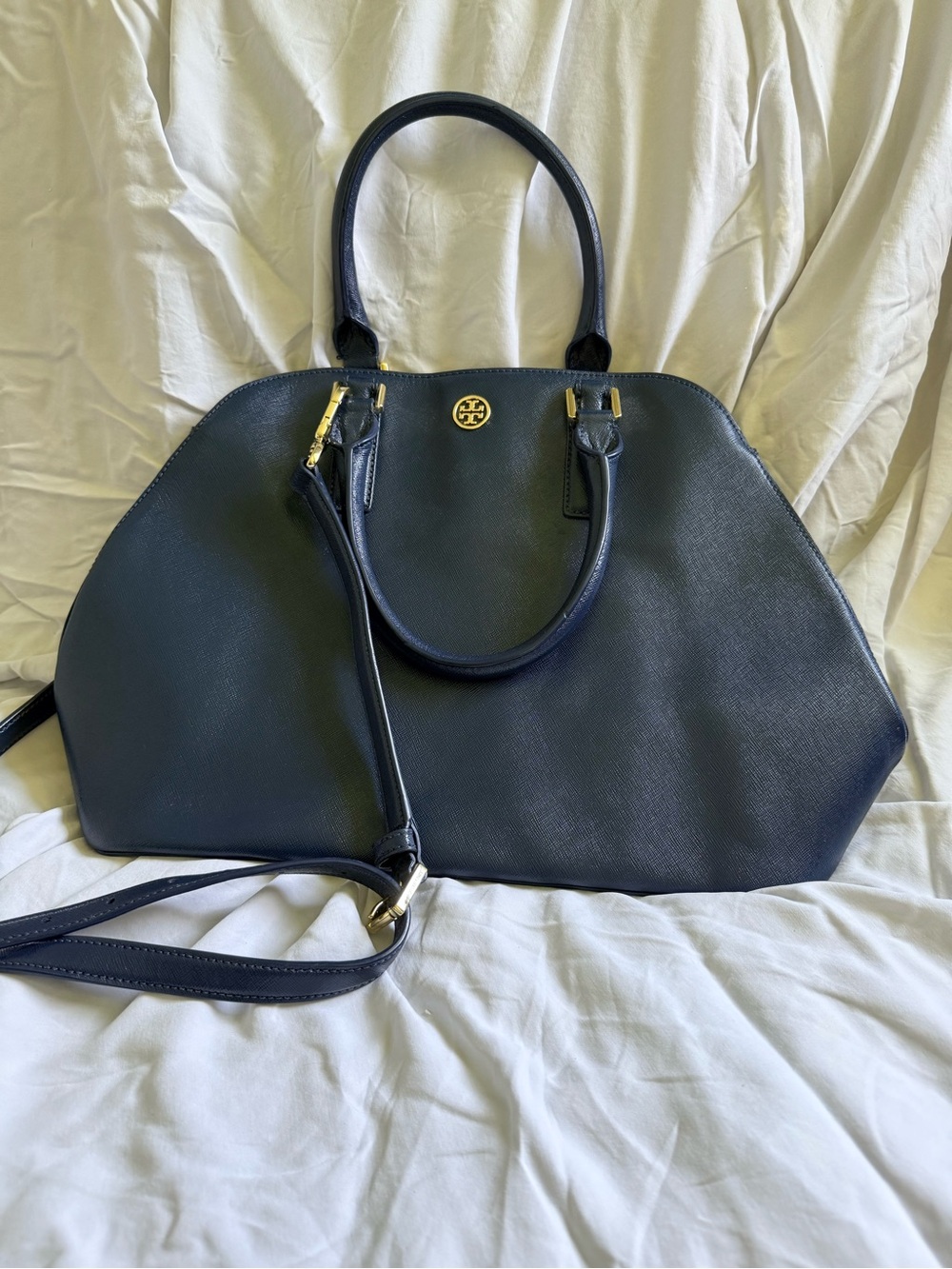 Tory Burch Navy Saffiano Leather Dome Satchel with Gold Hardware - Picture 12 of 12